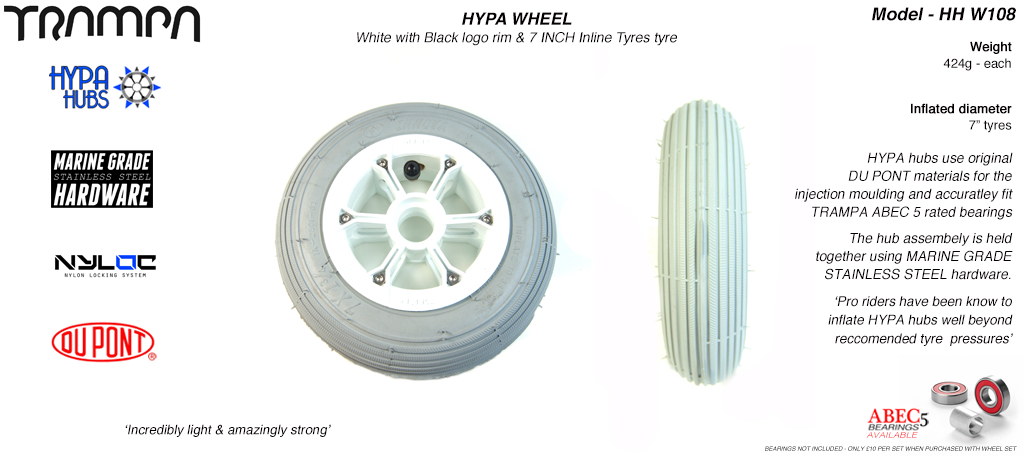 7 Inch Wheel - White Gloss with Black Logo Hypa hub & Grey Inline 7 inch Tyre