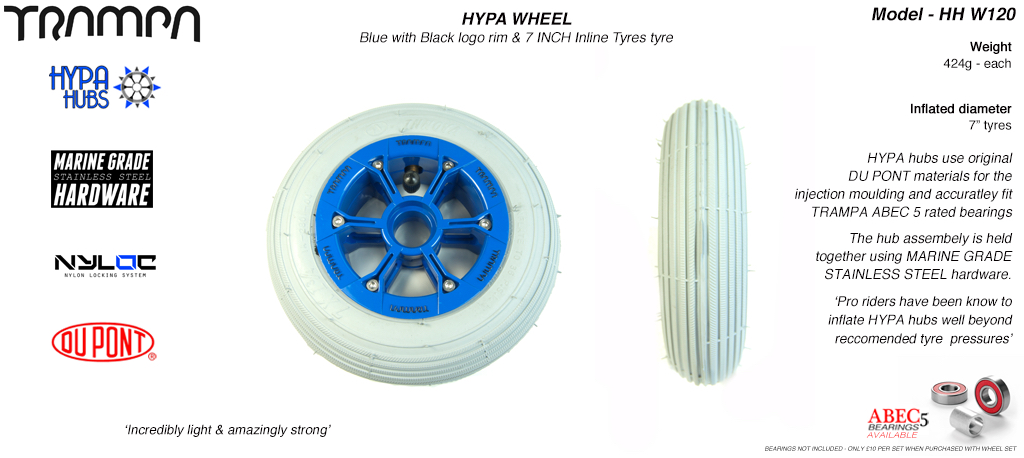 7 Inch Wheel - Blue Gloss Black Logo Hypa hub & Grey Inline 7 inch Tyre