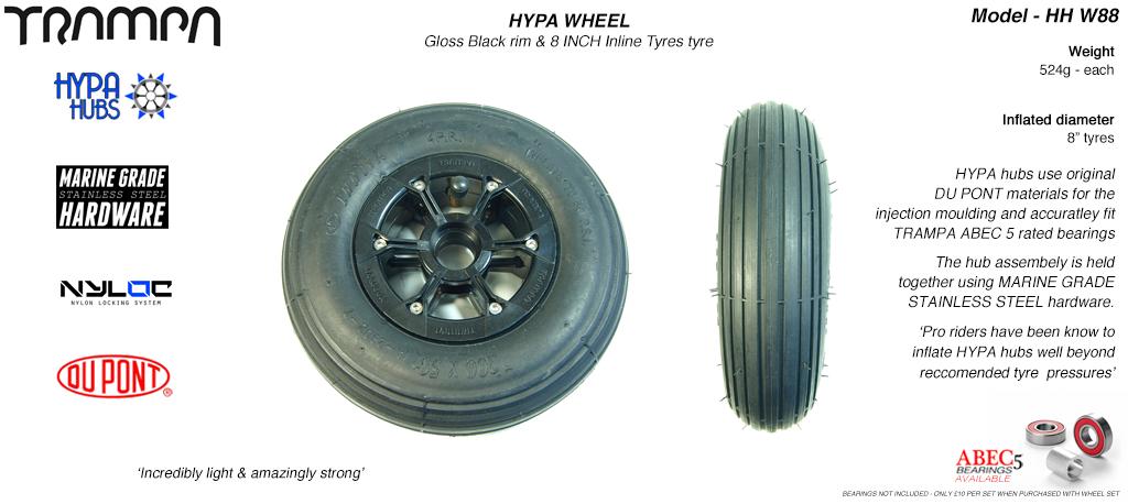 8 Inch Wheel - Gloss Black Hypa Hub with Black INNOVA Inline 8 Inch Tyre
