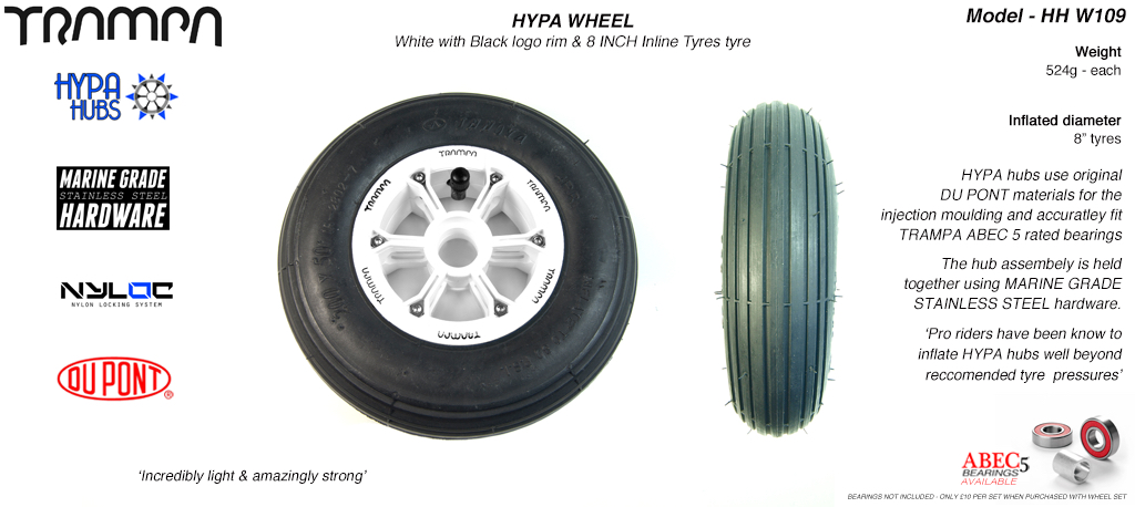 8 Inch Wheel - White with Black logo Hypa Hub with Black INNOVA Inline 8 Inch Tyre