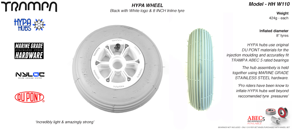 8 Inch Wheel - White with Black logo Hypa Hub with Grey INNOVA Inline 8 Inch Tyre