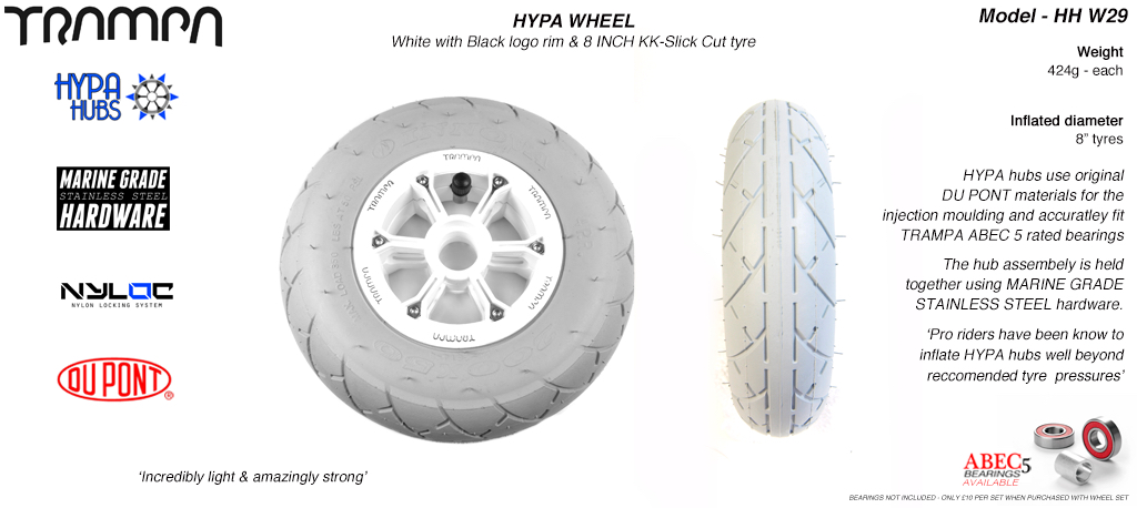 8 Inch Wheel - White with Black logo Hypa Hub with Grey INNOVA KK Slickcut 8 Inch Tyre