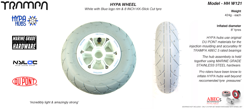 8 Inch Wheel - White with Blue logo Hypa Hub with Grey INNOVA Slickcut 8 Inch Tyre