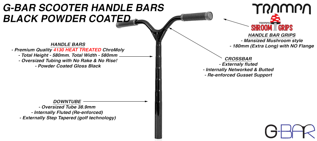 Powdercoated TRAMPA G Bar Handlebars - Internally Fluted & Externally Step Tapered Down Tube, Externaly Fluted & Internally Networked & Butted Crossbar all of which has been Heat Treated & Black P