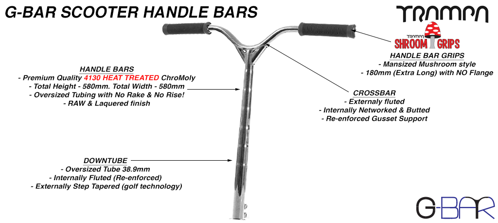 TRAMPA G Bar Handlebars - Internally Fluted & Externally Step Tapered Down Tube, Externaly Fluted & Internally Networked & Butted Crossbar all of which has been Heat Treated Then POLISHED & LAQUERED made using  42CrMo4 Chromo Steel!!