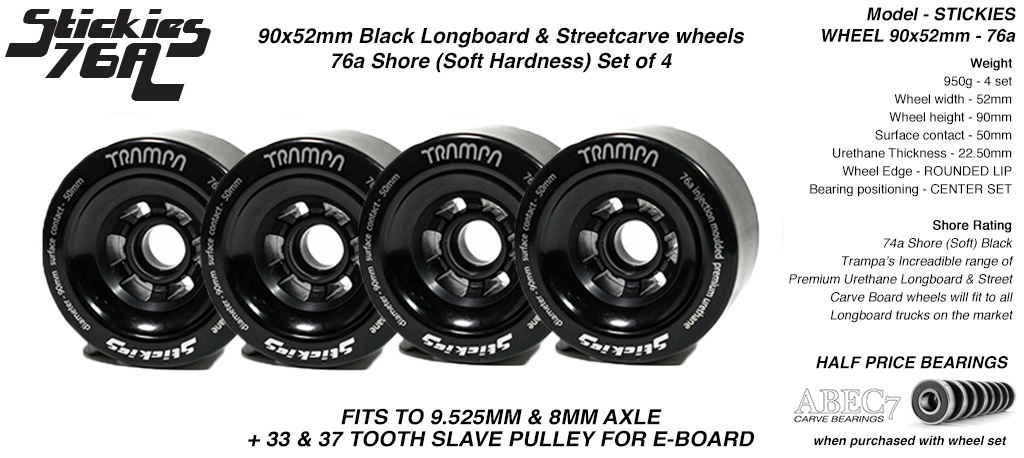 STICKIES Longboard & Street Carver Wheels - 90 x 52mm - 76a Grippy Urethane BLACK x4