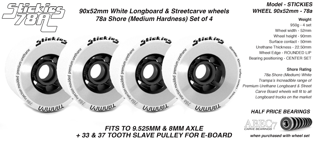 STICKIES Longboard & Street Carver Wheels - 90 x 52mm - 78a Regular Urethane WHITE x4