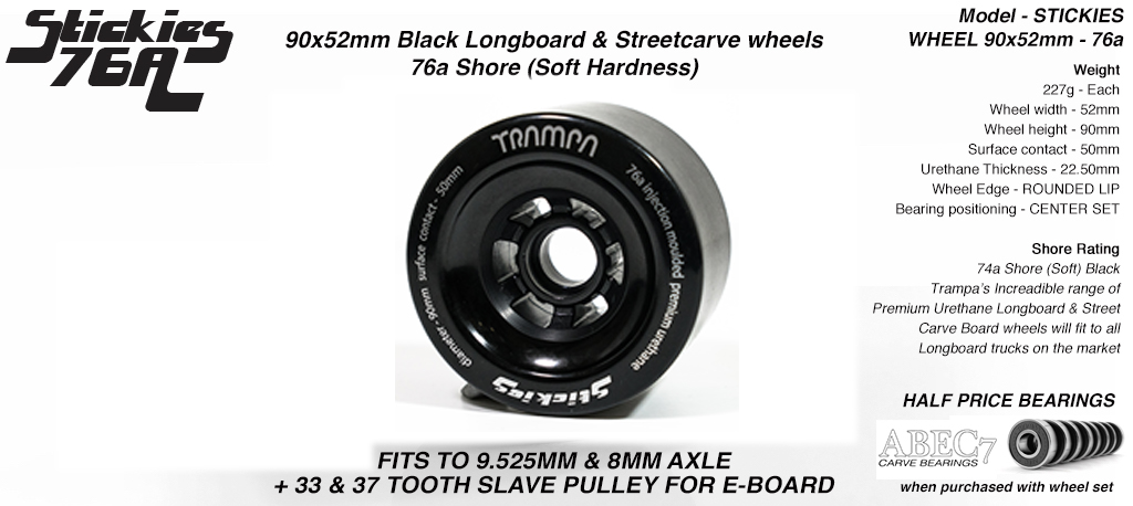 STICKIES Longboard & Street Carver Wheel Super High Rebound 90 x 52mm 76a STICKY BLACK 