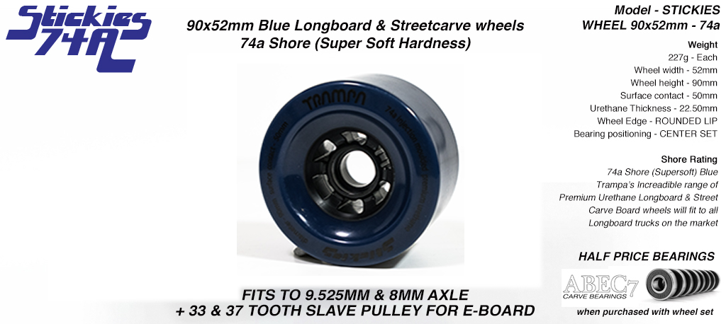 STICKIES Longboard & Street Carver Wheel Super High Rebound 90 x 52mm 74a SUPER STICKY BLUE