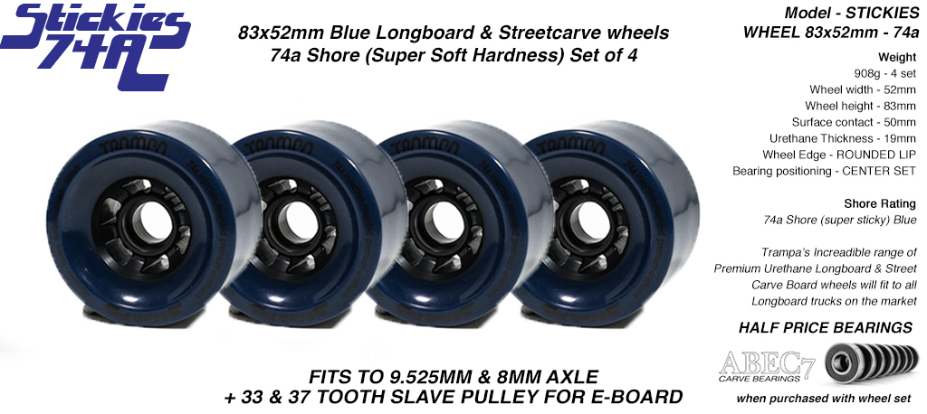 STICKIES Longboard & Street Carver Wheels - 83 x 52mm - 74a Super Sticky Urethane Blue x4