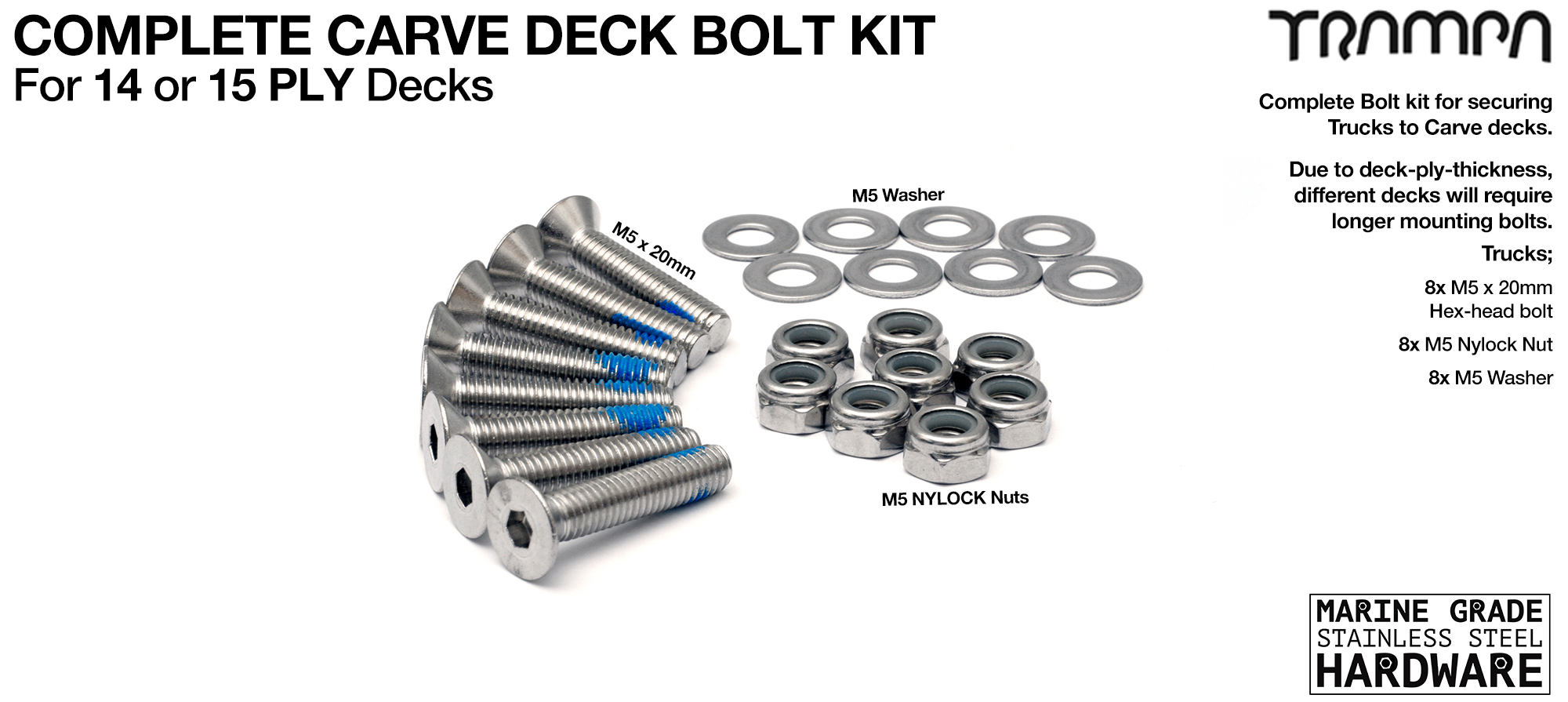20mm Marine grade Stainless Steel Countersunk Bolt Kit - fixes Mini Spring Trucks to 14/15ply Carve Decks