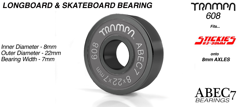 Longboard & Skateboard Bearings (8 x 22 x 7mm) BLACK sidewalls with Black Logo ABEC 7 608 