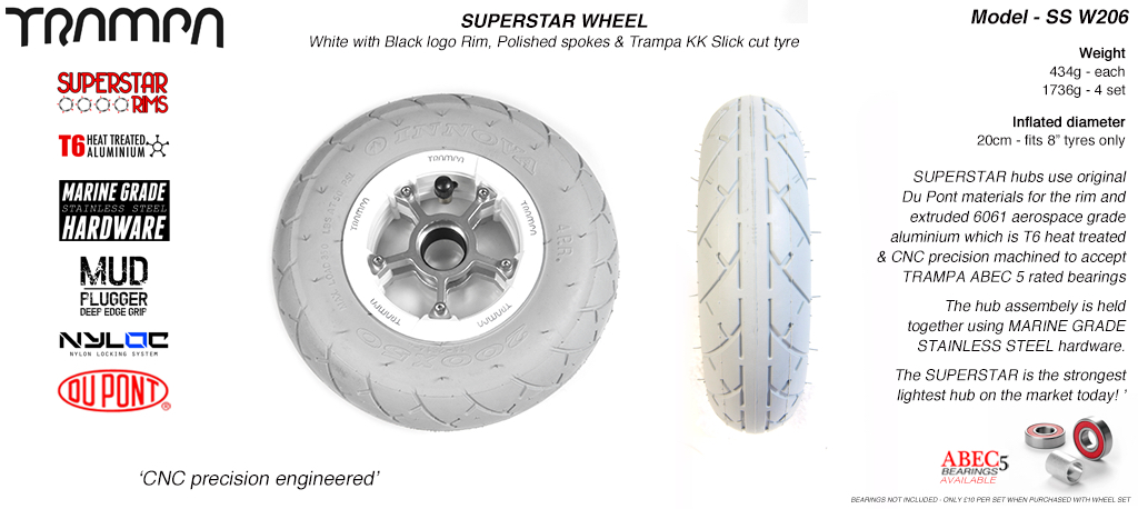 Superstar 8 inch wheels - Gloss White Superstar Rim with Silver Anodised spokes & GREY SLICK cut 8 inch Tyre