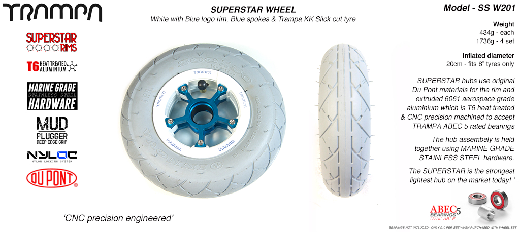 Superstar 8 inch wheels - Gloss White Superstar Rim with Blue Anodised spokes & Grey SLICK cut 8 inch Tyre