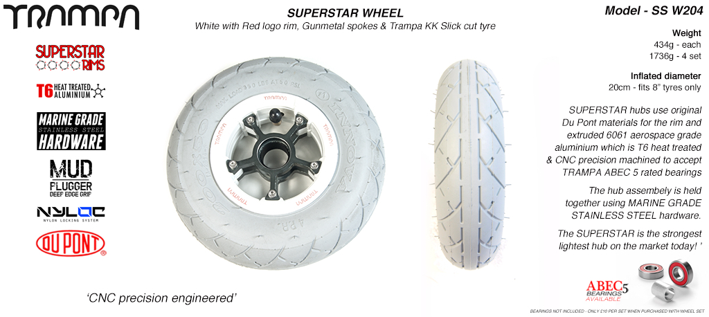 Superstar 8 inch wheels - Gloss White Superstar Rim with Gunmetal Anodised spokes & Grey SLICK cut 8 inch Tyre
