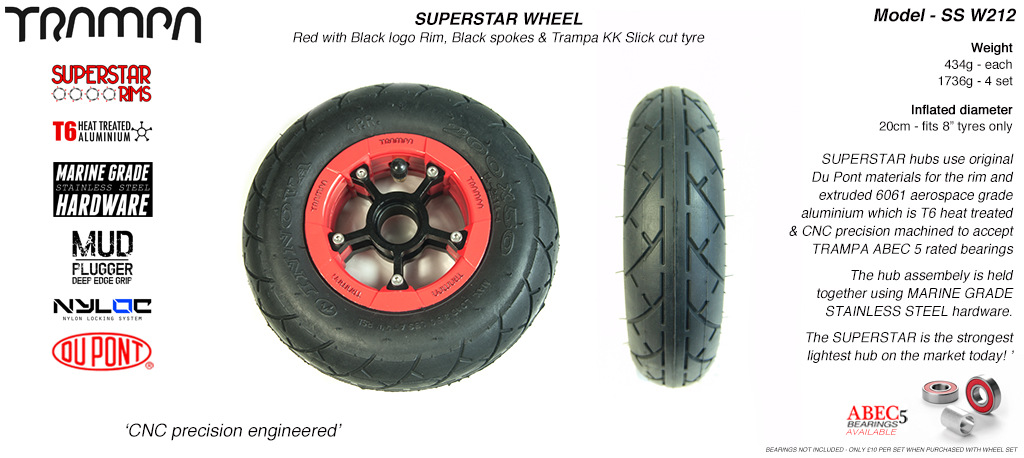 Superstar 8 inch wheels - Red Gloss Black Logo Superstar Rim with Black Anodised spokes & BLACK SLICKCUT 8 inch Tyre 