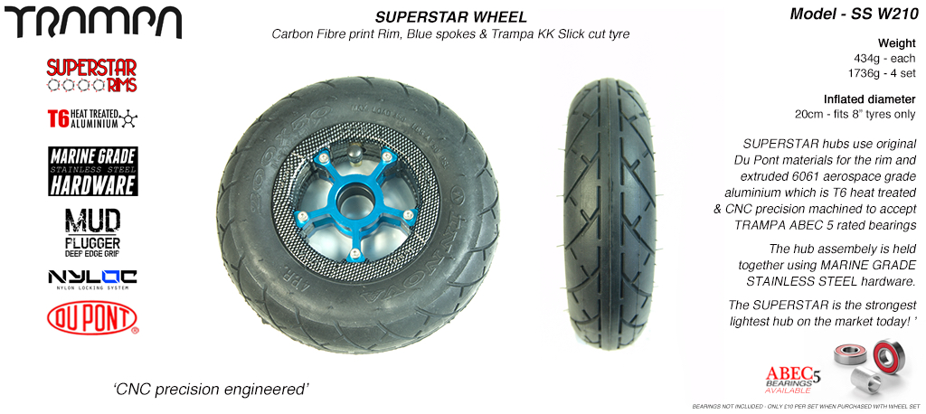 Superstar 8 inch wheels - Carbon Print Superstar Rim with Blue Anodised spokes & BLACK Slick Cut 8 inch Tyre