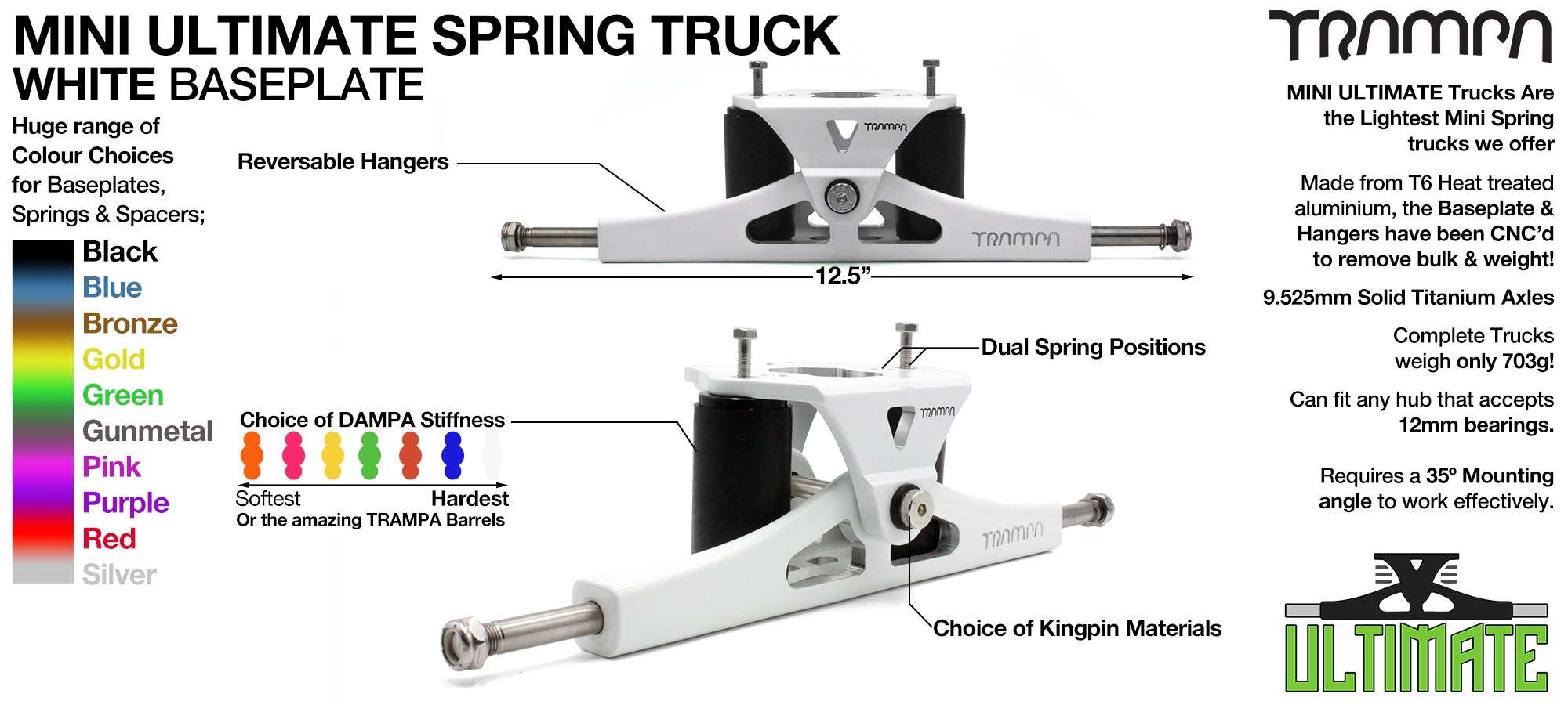 Mini ULTIMATE TRAMPA TRUCKS - CNC FORGED Channel Hanger with 9.525mm TITANIUM Axle CNC Baseplate TITANIUM Kingpin - WHITE