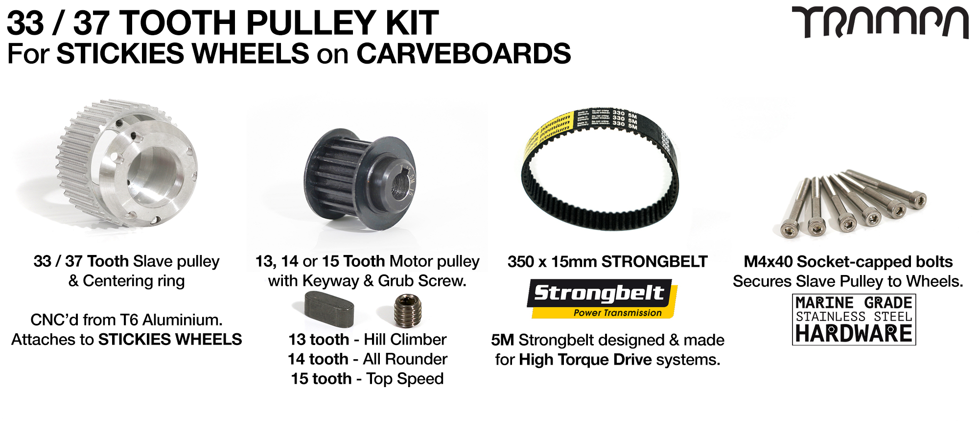 STREET CARVER 33 or 37 Tooth Pulley Kit with 330mm x 15mm Belt for STICKIES Wheels 