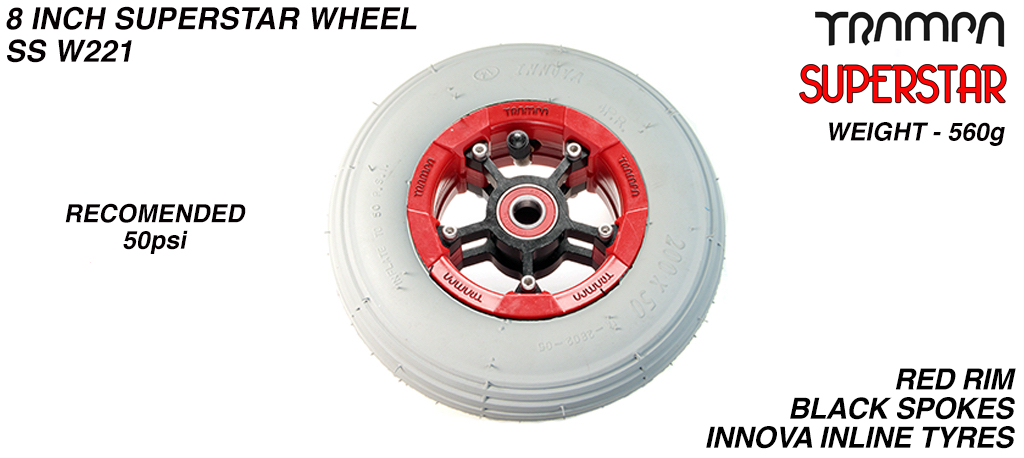 Superstar 8 Inch Wheel - Red Superstar Rim Black Anodised Spokes & Grey 8 Inch Inline Tyre