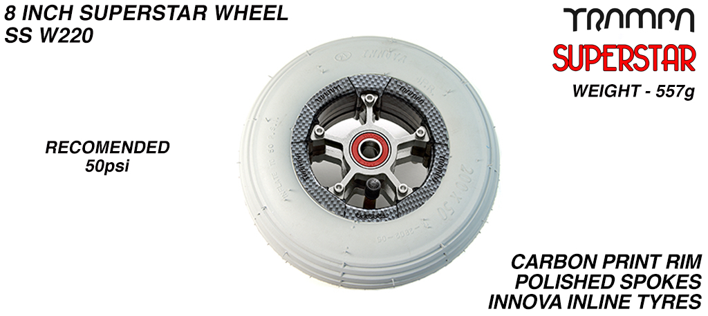 Superstar 8 Inch Wheel - Carbon Superstar Rim Silver Anodised Spokes & Grey 8 Inch Inline Tyre