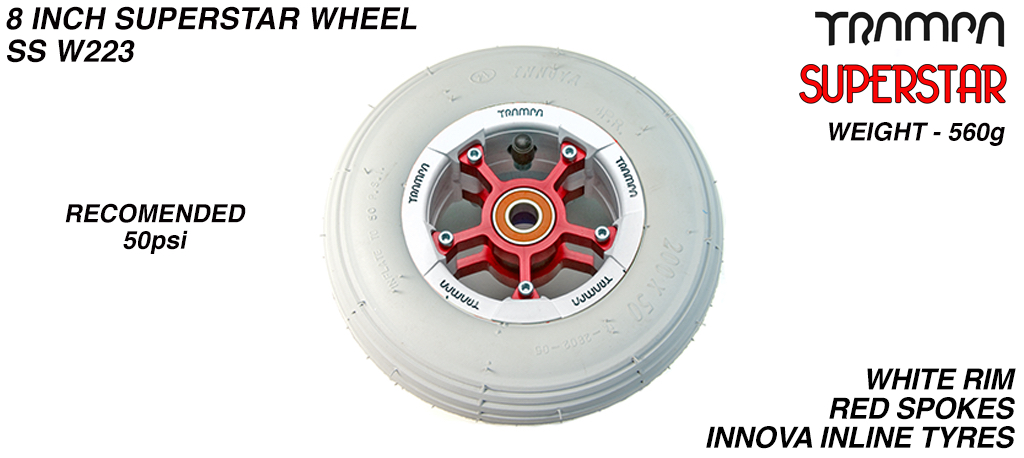 Superstar 8 Inch Wheel - White Superstar Rim Red Anodised Spokes & Grey 8 Inch Inline Tyre