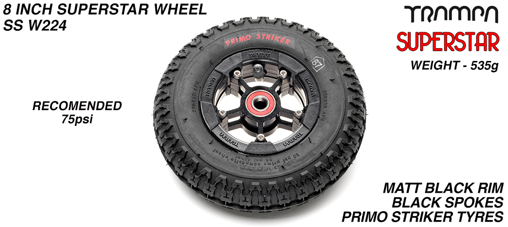 Superstar 8 Inch Wheel - Black Superstar Rim Black Anodised Spokes & Primo Striker 8 Inch Tyre