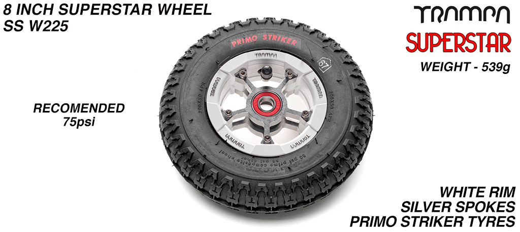 Superstar 8 Inch Wheel - White Superstar Rim Polished Anodised Spokes & Primo Striker 8 Inch Tyre 
