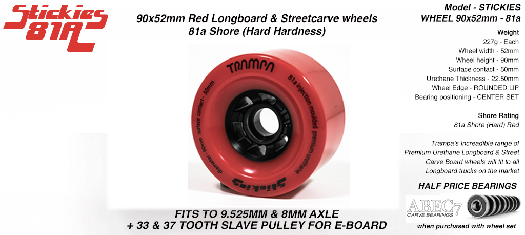 STICKIES Longboard & Street Carver Wheel Super High Rebound 90 x 52mm 81a REGULAR RED