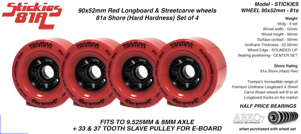 STICKIES Longboard & Street Carver Wheels - 90 x 52mm - 81a Regular Urethane RED x4