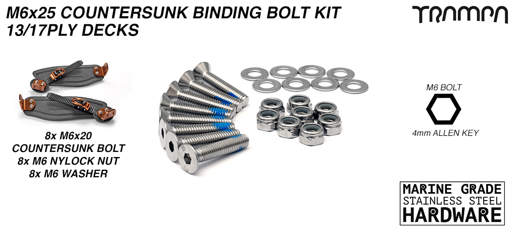 M6 x 25mm Marine Grade Stainless Steel Countersunk Binding Bolt Kit for all 13 - 17ply TRAMPA Decks - NO WINGS 