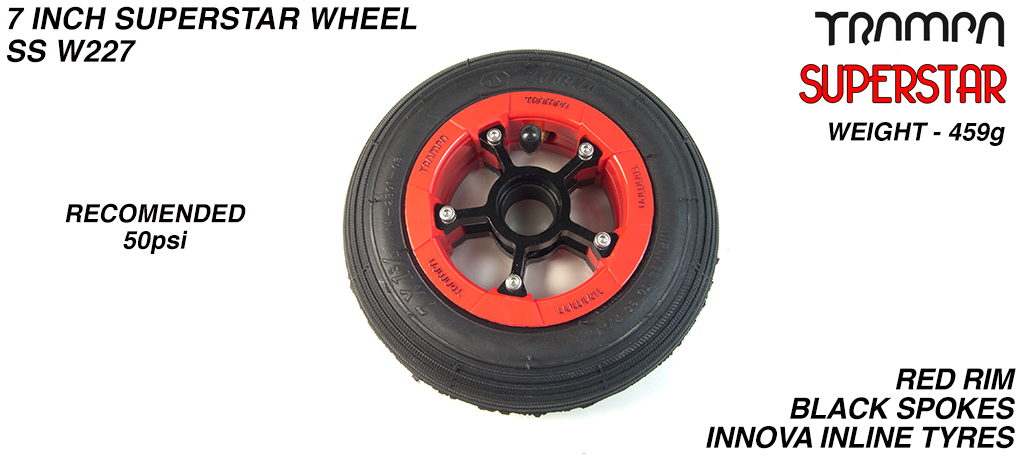 7 Inch Wheel - Red Gloss Superstar Rim Black Anodised Spokes & Black 7 Inch Inline Tyre 