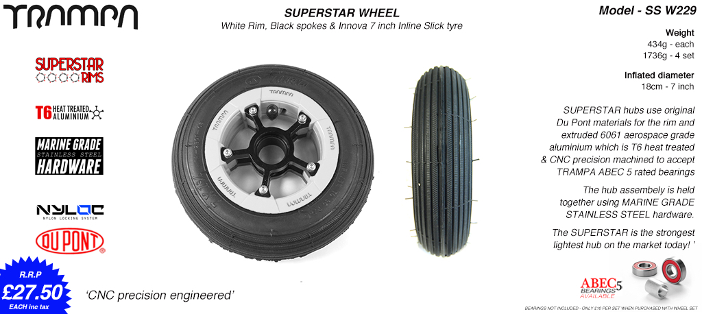 7 Inch Wheel - White Gloss Superstar Rim Black Anodised Spokes & Black 7 Inch Inline Tyre
