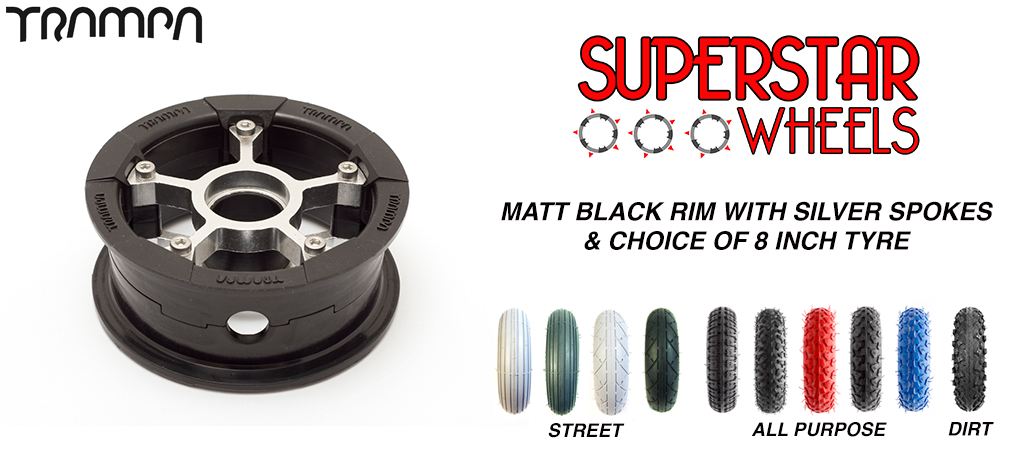 Superstar 8 inch wheel - Matt Black rim SILVER spoke CUSTOM Tyre 8 INCH WHEEL
