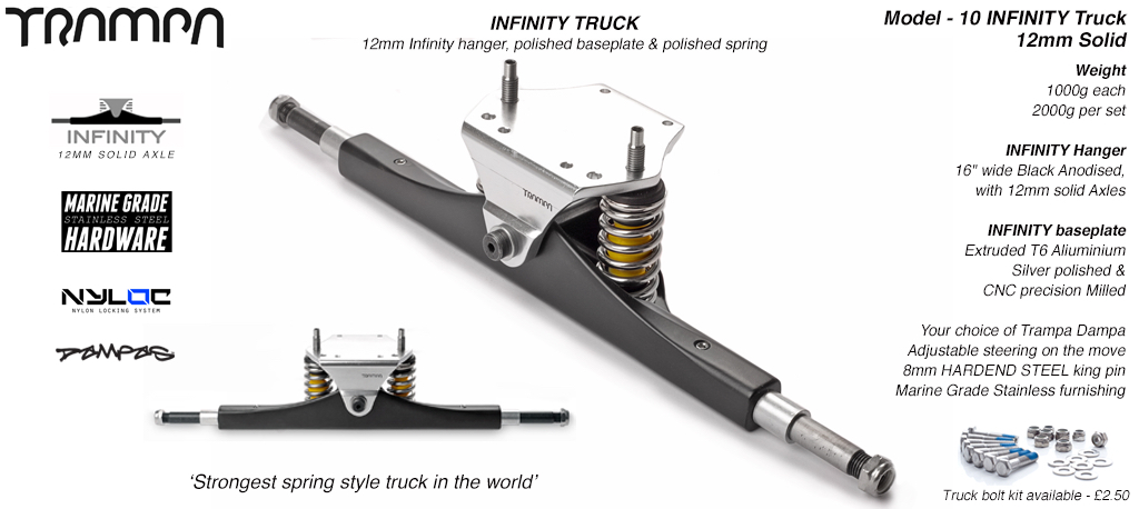 INFINITY Truck - 12mm SOLID Axles Silver Infinity baseplate & Nickel Plated 9 Inch PRIMO Wheels