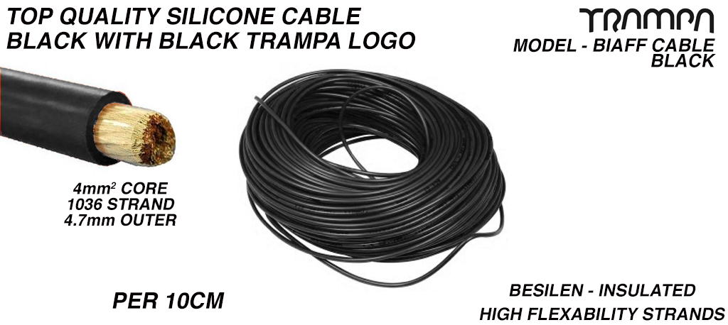 10cm of BLACK 4mm core 1036 Strand Silicon Coated Cable 