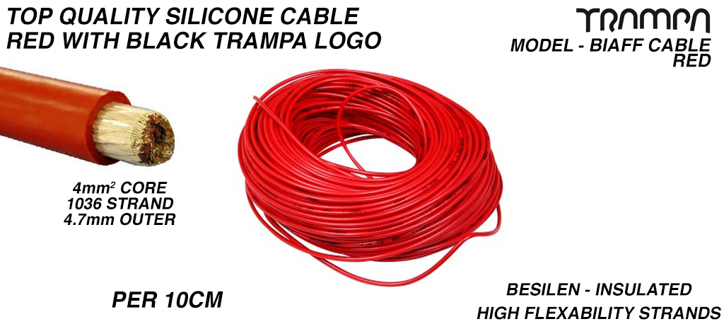 RED 1036 Strand 4mm core Silicon Coated Cable with BLACK TRAMPA Logo - Priced per 10cm