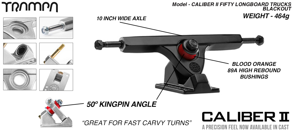 CALIBER II Longboard Trucks - 10 Inch Wide with a 50º Baseplate mount for fast Carvy turns - BLACKOUT
