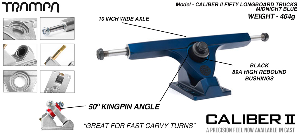 CALIBER II Longboard Trucks - 10 Inch Wide with a 50º Baseplate mount for fast Carvy turns - Midnight Satin BLUE