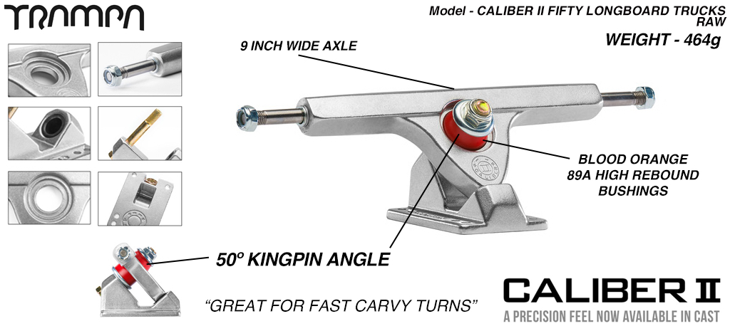 CALIBER II Longboard Trucks - 9 Inch Wide with a 50º Baseplate mount for fast Carvy turns - RAW SILVER