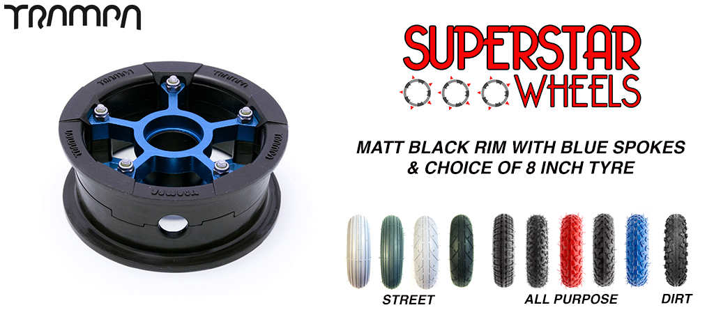 Superstar 8 inch wheel - Matt Black Superstar rim BLUE spoke CUSTOM Tyre 8 INCH WHEEL