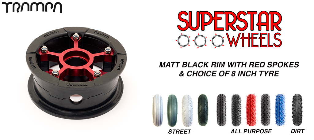 Superstar 8 inch wheel - Matt Black Superstar rim RED spoke CUSTOM Tyre 8 INCH WHEEL 