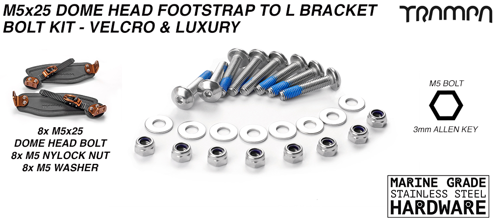 M5 x 25mm Marine Grade Stainless Steel Extra Wide Dome Head Binding Bolt kit - Connects Velcro Foot straps to L Brackets 