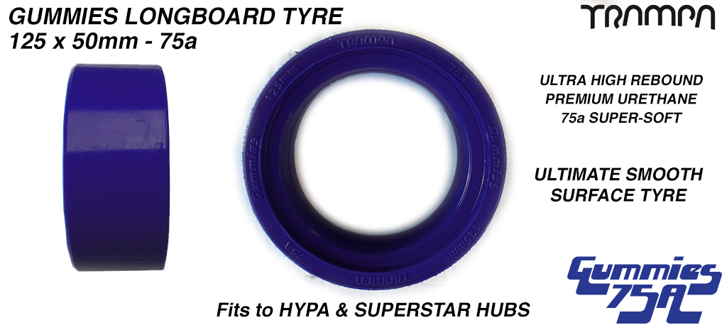 GUMMIES 5 Inch Longboard tyres offer the Ultimate Grip on Smooth surfces Fitting to Any of TRAMPA's 2 Inch wide Hubs with 3.75 Inch Rims - BLUE 