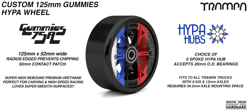 Custom HYPA hub with GUMMIES 125mm Longboard Wheel Tyre 