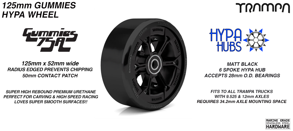 Matt BLACK HYPA hub with BLACK Gummies 125mm Longboard Wheel Tyre 