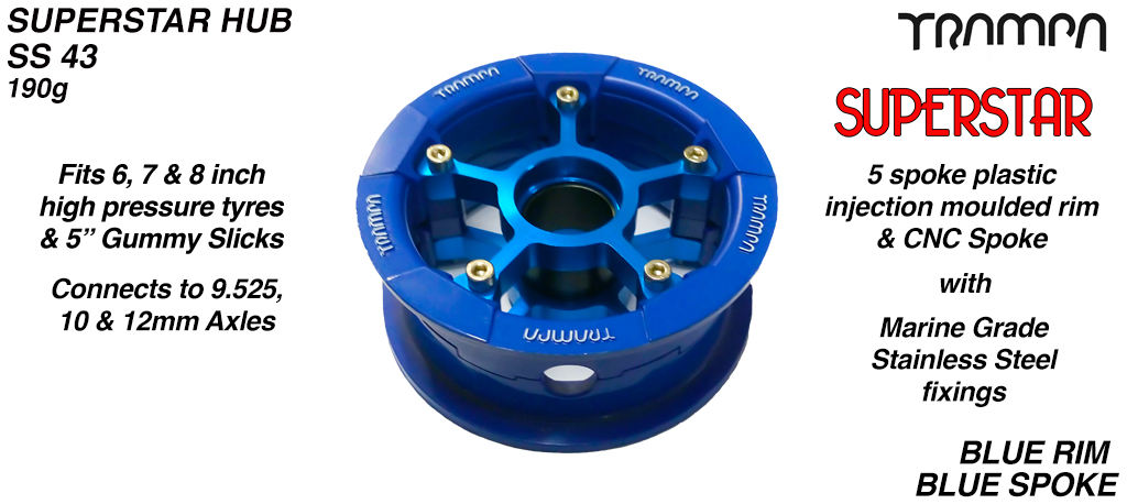 SUPERSTAR Hub 3.75 x 2 Inch - Blue with white logo Rim with Blue anodised Spokes & Marine Grade Stainless Steel Bolt kit 