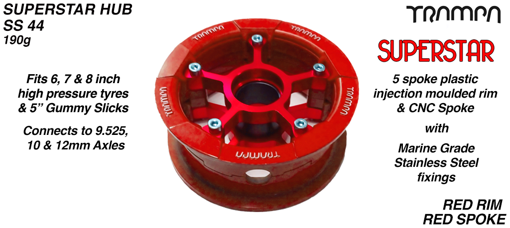 SUPERSTAR Hub 3.75 x 2 Inch - Red with white logo Rim with Red anodised Spokes & Marine Grade Stainless Steel Bolt kit  