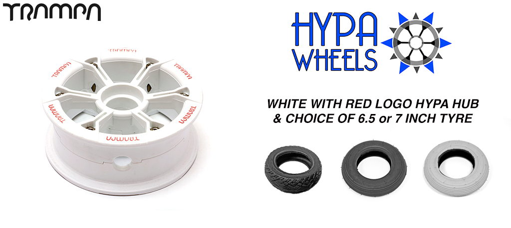Gloss White with RED Logos Hypa hub & Custom 7 inch Tyre