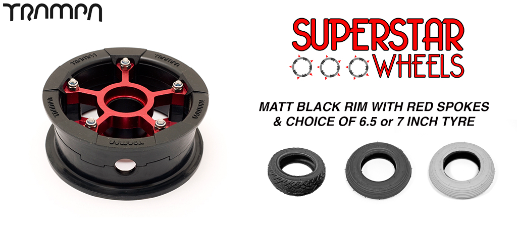 Superstar 7 Inch Wheels - Matt Black Superstar rim RED spoke & Custom 7 Inch Tyre